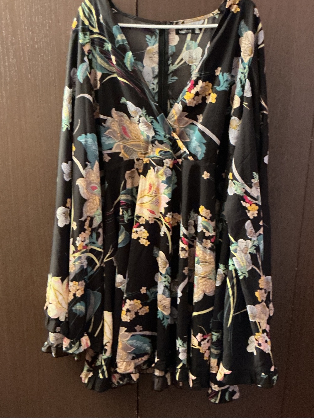 Boohoo Black Floral Wrap Long-Sleeve Dress